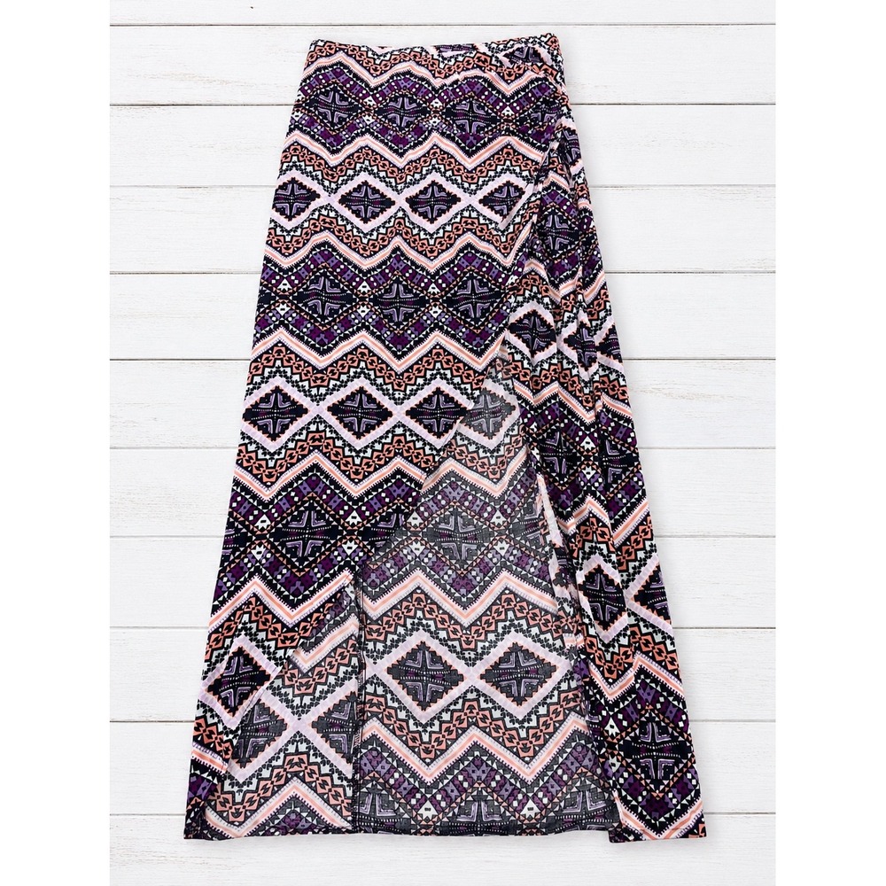 Express Maxi Skirt Geometric Tribal Print Side Slit Boho Festival Purple M 4349